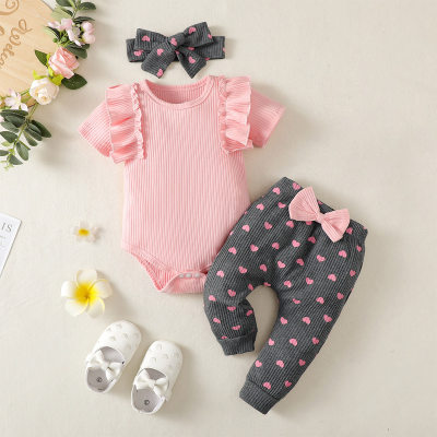 3-piece Baby Girl Pure Cotton Solid Color Ruffled Short Sleeve Romper & Allover Heart Pattern Bowknot Decor Pants & Headwrap