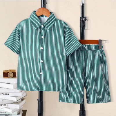 2-piece Kid Boy Striped Button-up Short Sleeve Shirt & Matching Shorts