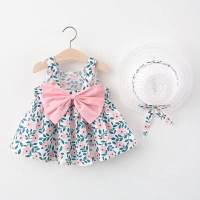 1030 Girls Dress Summer Children's Clothes Suspender Sweet Bow Floral Printed Tank Top Dress with Hat Consignment  Blue