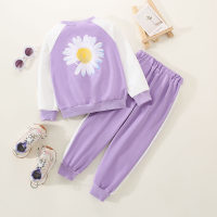 2-piece Kid Girl Color-block Floral Pattern Sweatshirt & Matching Pants  Purple