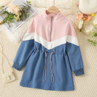 Kid Girl Color-block Stand Up Collar Drawstring Long Sleeve A-line Dress  Blue