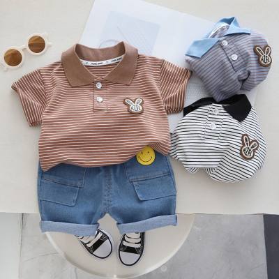 Summer striped POLO shirt for boys and toddlers, simple rabbit head chest logo children's suit, toddler cotton tops and jeans