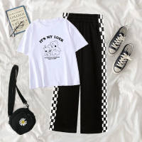 Girls summer clothes, medium and large children's wide-leg pants, casual short-sleeved T-shirt two-piece suit  White