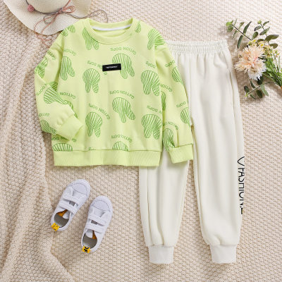 2-piece Kid Girl Rabbit and Letter Printed Long Sleeve Top & Solid Color Letter Printed Pants