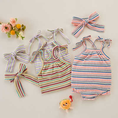 Body e faixa de cabeça com padrão de listras de 2 peças para bebê menina