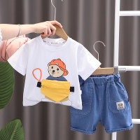 Wholesale children's clothing for children aged 1-5 years old, cartoon printed casual short-sleeved boys' summer T-shirts, two-piece set trendy  White