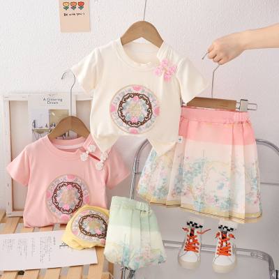 New summer style comfortable and fashionable round button short-sleeved short skirt suit for small and medium-sized children, fashionable girls summer suit