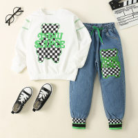 2-piece Kid Boy Plaid Bear and Letter Pattern Sweatshirt & Matching Denim Cropped Pants  White