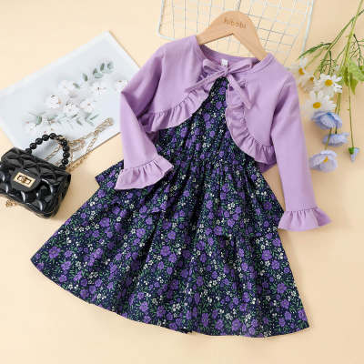 2-piece Toddler Girl Floral A-line Dress & Solid Color Ruffled Bowknot Decor Cardigan
