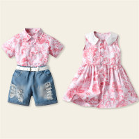 Brother Sister Clothes Floral Sleeveless Dress & Blouse and Shorts  Pink