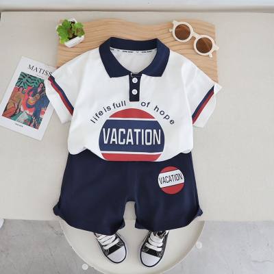 Summer new boys lapel polo shirt short-sleeved suit baby boy casual shorts two-piece suit