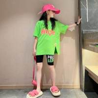 Girls short-sleeved T-shirt suit summer Korean style fashionable girl printed letter five-point shorts two-piece set children's clothing  Green