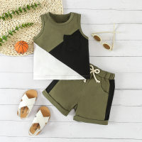 Novo estilo de roupas infantis para bebês e meninos verão sem mangas costura tops shorts casuais praia pequeno terno  Verde