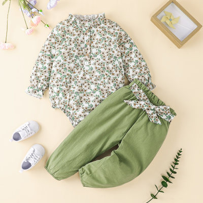 Baby Floral Ruffled Sleeve Romper & Braided Solid Color Trousers