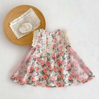 Girls vest skirt summer new style children's clothing baby girl floral dress little girl skirt  Pink