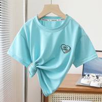 Children's summer short-sleeved T-shirt boys' round neck sports tops baby girl's embroidered versatile bottoming shirt summer Korean version  Blue