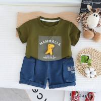 New children's clothing children's suits boys and girls cartoon T-shirts short-sleeved denim shorts summer casual two-piece suit  Green