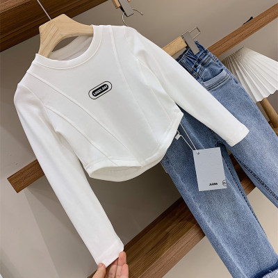 Girls' Fashion Irregular Round Neck Long Sleeve T-shirt for Middle and Large Children High Waist Bottoming Shirt with Letters