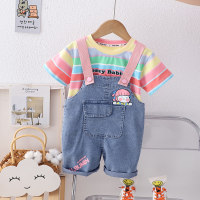 Overalls children's clothing 2024 summer boys and girls rainbow striped breathable T-shirt denim overalls suit  Green
