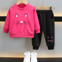 2 piezas Niña pequeña Otoño Casual Lindo gatito Gráfico Mangas largas Tops y pantalones  Rosa caliente