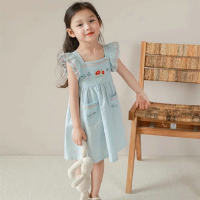 Girls skirt embroidered double pocket dress princess skirt 2024 summer new style foreign trade children's clothing drop shipping 3-8 years old  Blue
