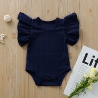 Baby one-piece romper with large lace sleeves for girls, romper with triangle cover  الكحلي