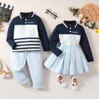 Brothers and Sisters 2-piece Striped Ribbed Collar Button Front Long Sleeve T-shirt & Solid Color Pleated Skirt & Solid Color Pants  Blue