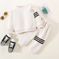 2-piece Toddler Girls Solid Color Stripe Printed Long Sleeve Top & Matching Pants  Beige