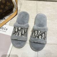 Warm fur flip flops for women, rabbit fur fashion flat open cotton slippers for home  Gray