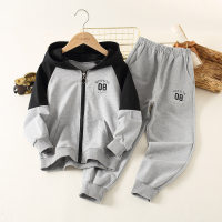 Kid Letter Printed Color Block Hooded Sweater & Sweatpants  Gray
