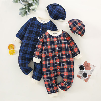 2-piece Baby Boy Plaid Button-up Long-sleeved Long-leg Romper & Matching Hat