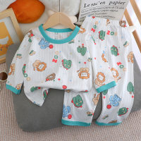Summer children's long-sleeved trousers home clothes set cotton underwear baby thin pajamas pajamas  Green