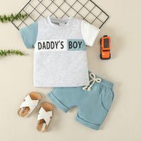 2024 new summer boys' casual sports suit color-blocked short-sleeved letter T-shirt shorts two-piece set  Blue