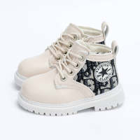 Toddler Girl PU Leather Houndstooth Pattern Lace-up High-top Wool-lined Boots  Beige