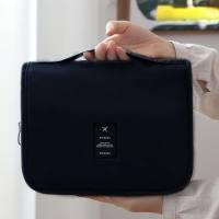 Bolsa de cosméticos de sarga, bolsa de lavado femenina simple coreana portátil, bolsa de gancho para bolsa de cosméticos para hombres de gran capacidad  Negro