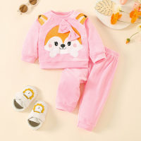 2-piece Baby Girl Solid Color Fox Style Long Sleeve Plush Top & Solid Color Pants  Pink