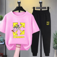 Women's fashionable round neck sportswear pure cotton loose medium and large children's clothing suit  Pink