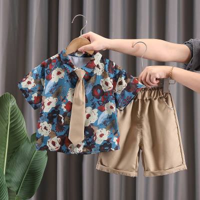 New summer style for small and medium children, comfortable and fashionable, full-print flower tie shirt suit, trendy boy summer short-sleeved suit