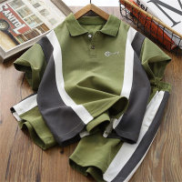 Boys short-sleeved suits summer new children's lapel POLO shirts thin medium and large children's casual trendy two-piece suits  Green