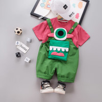 Mono con bolso de dibujos animados para niños y niñas, conjunto de dos piezas, traje de manga corta con cuello redondo para bebé, nuevo estilo veraniego, 2024  Verde