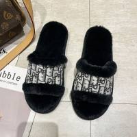 Warm fur flip flops for women, rabbit fur fashion flat open cotton slippers for home  Black