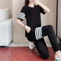 2PCS sports suit thin short-sleeved T-shirt trousers four-bar running suit  Black