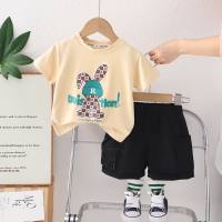 New summer style for small and medium children, fashionable plaid rabbit short-sleeved suit, trendy boys' casual short-sleeved suit  Beige