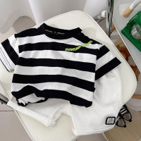 Boys summer suit 2023 new children's striped T-shirt color matching children's overalls two-piece set  black and white stripes