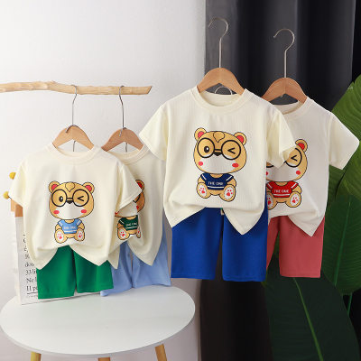 Children's summer waffle short-sleeved cropped pants suit baby half-sleeved summer clothes half-length pants two-piece suit