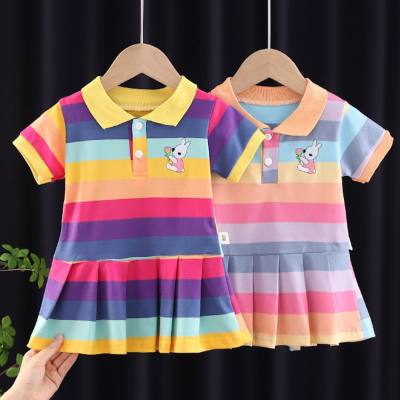 Baby girl summer dress 1-2-3 years old 4 girls fashionable summer dress infant lapel striped short-sleeved pleated skirt