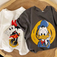 Pure cotton children's cute baby cartoon animation short-sleeved T-shirt summer 2024 new style top shirt for boys and girls  Gray