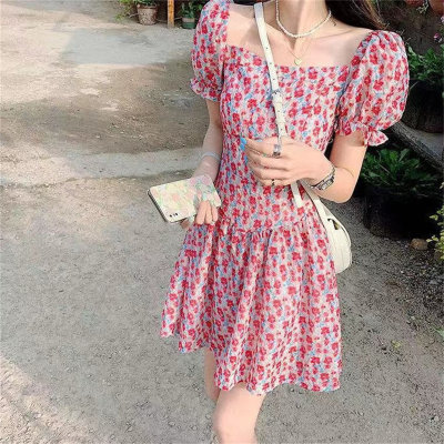 Puff sleeve first love dress sweet slimming high waist square neck floral dress