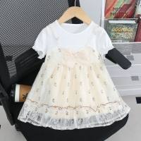 2024 summer new style girls dress short-sleeved princess dress baby girl sling fake two-piece dress  White
