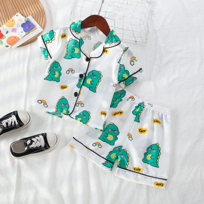2-piece Toddler Boy Satin Silk Allover Dinosaur Printed Short Sleeve Top & Matching Shorts